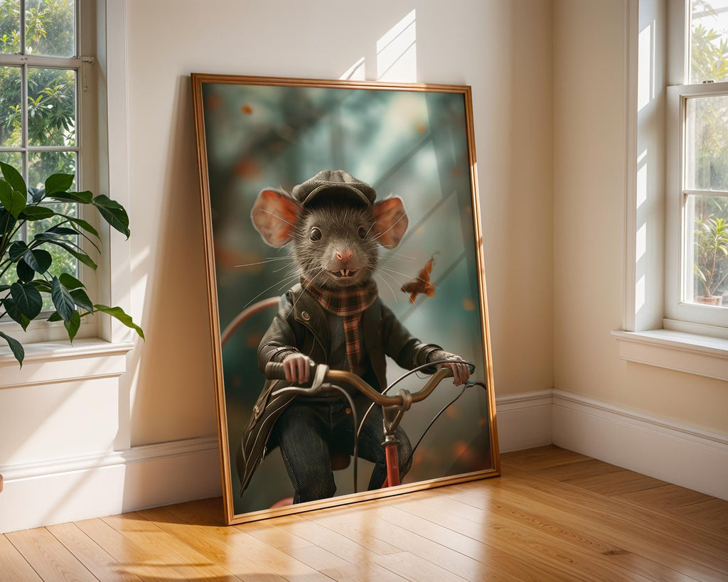 Mouse on Bicycle Art Print | Whimsical Animal Illustration, Kids Room wall art print, modern home decor, unframed artwork by Nomad & Nest