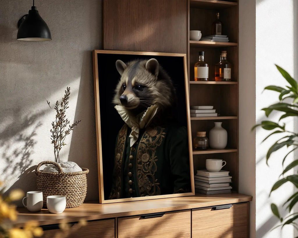 Raccoon Portrait Art Print | Embroidered Rococo Jacket wall art print, modern home decor, unframed artwork by Nomad & Nest