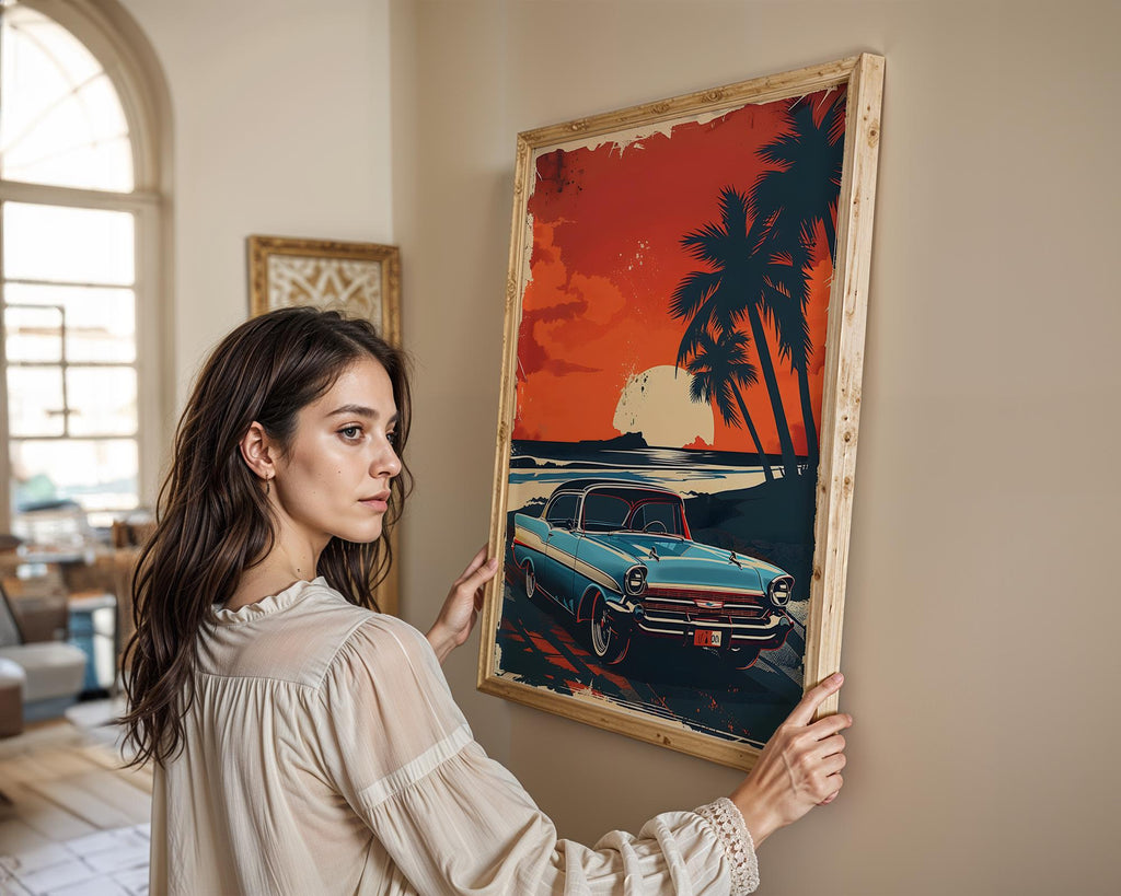 Modern Pop Art | Retro Chevy Car Print | Coastal Sunset Beach Scene Poster wall art print, modern home decor, unframed artwork by Nomad & Nest