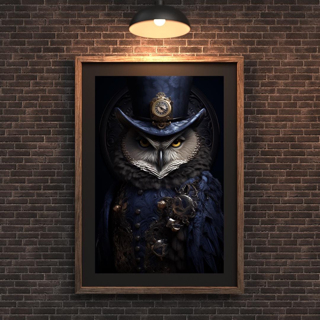 Steampunk Owl Portrait Print | Gothic Victorian Fantasy Art wall art print, modern home decor, unframed artwork by Nomad & Nest
