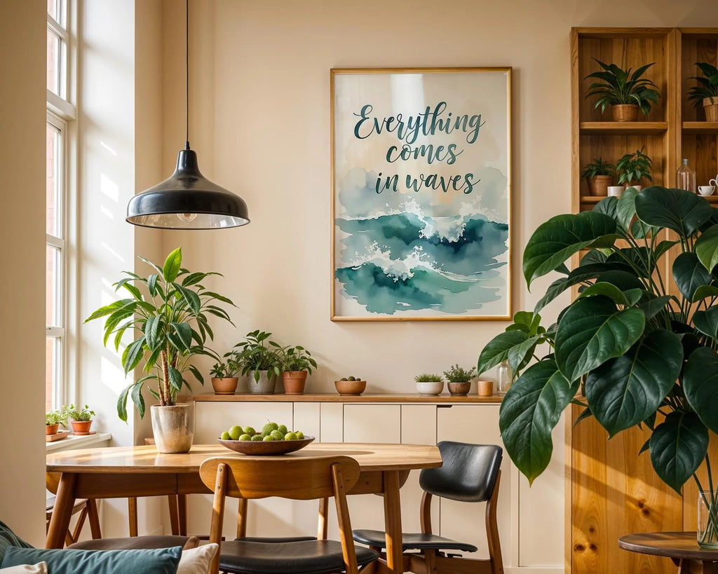 Positive Emotion | Everything Comes in Waves | Ocean Watercolour Quote | Coastal Calm Wall Art wall art print, modern home decor, unframed artwork by Nomad & Nest