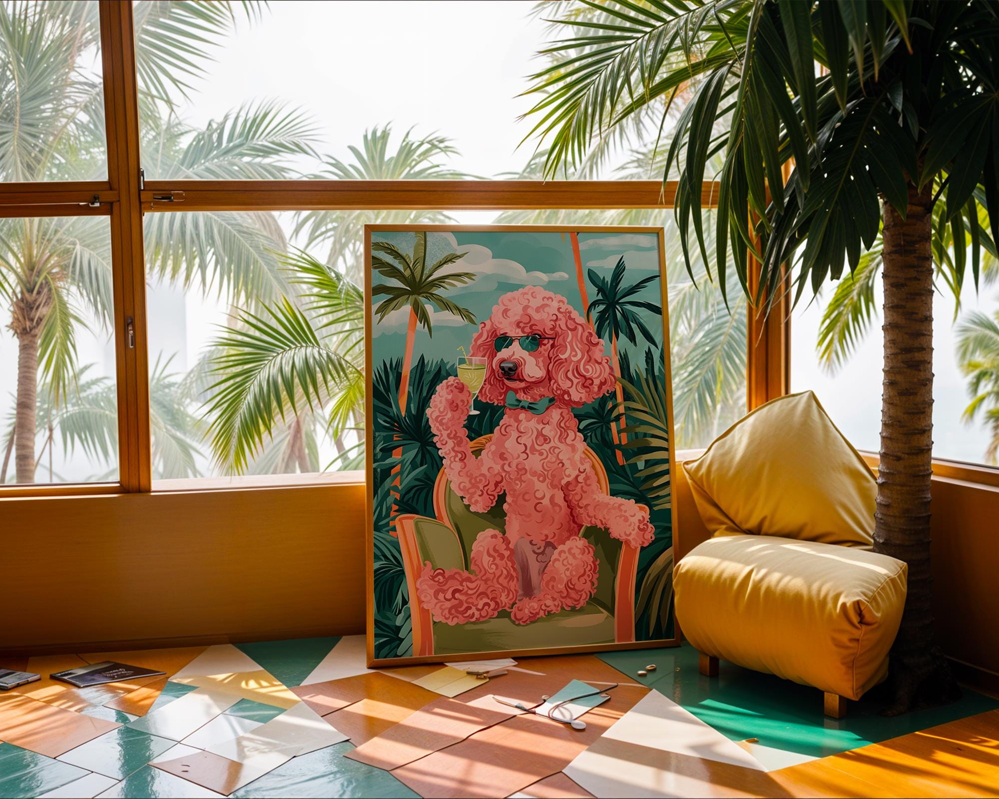 Colourful Prints | Pink Poodle Cocktail Art Print | Retro Tropical Dog Poster wall art print, modern home decor, unframed artwork by Nomad & Nest