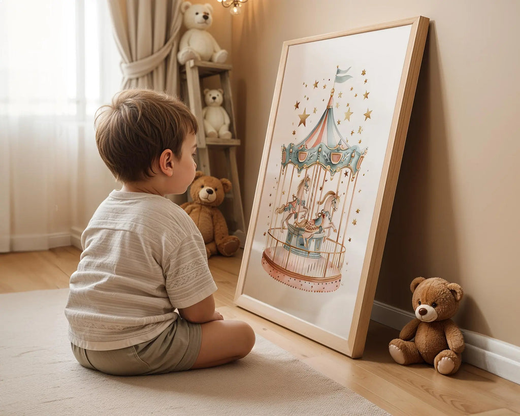Playroom Ideas | Carousel Nursery Wall Art | Fairground Horses Baby Print wall art print, modern home decor, unframed artwork by Nomad & Nest