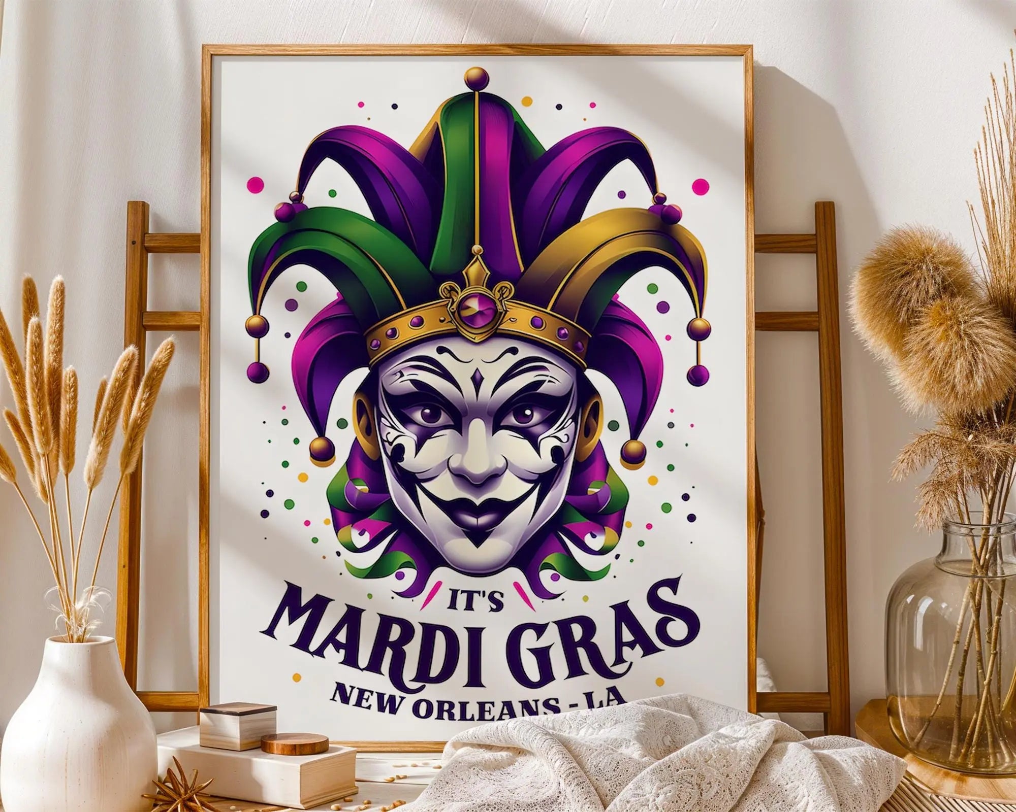 Positive Emotion | Mardi Gras Wall Art | Jester Mask Illustration | New Orleans Carnival Poster wall art print, modern home decor, unframed artwork by Nomad & Nest