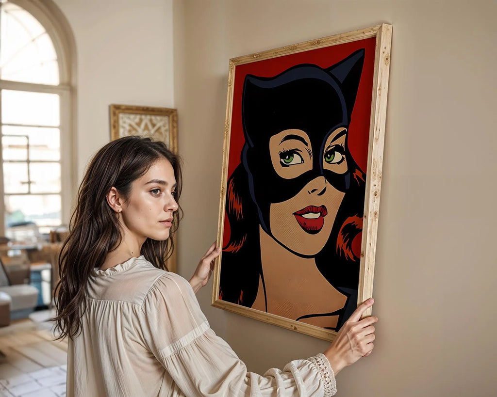 Modern Pop Art | Retro Catwoman  Print | Red & Black Comic Book Poster wall art print, modern home decor, unframed artwork by Nomad & Nest