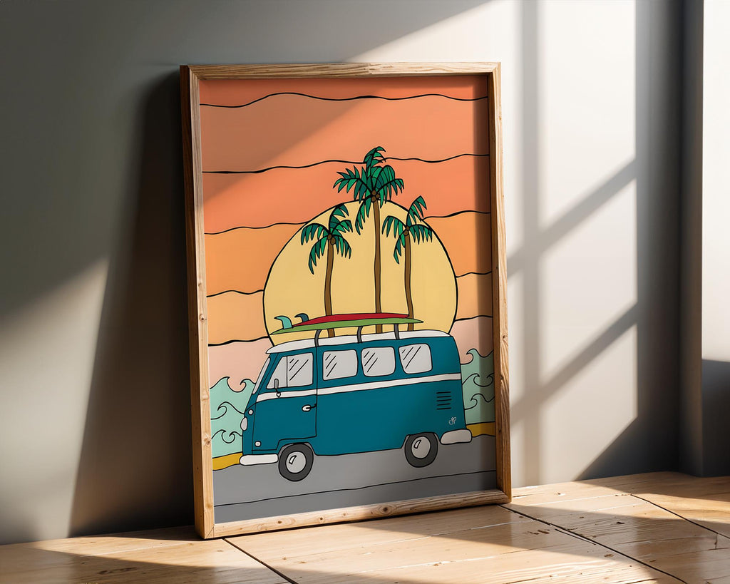Modern Pop Art | VW Bus Surfboard Print | Retro Summer Beach, California Vibes wall art print, modern home decor, unframed artwork by Nomad & Nest