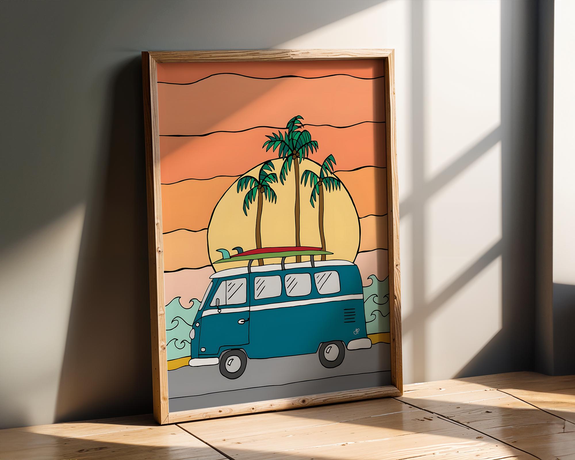 Modern Pop Art | VW Bus Surfboard Print | Retro Summer Beach, California Vibes wall art print, modern home decor, unframed artwork by Nomad & Nest