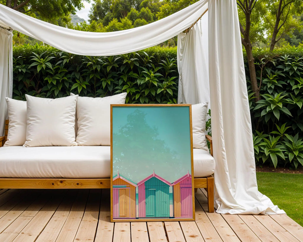 Colourful Prints | Pastel Beach Huts Print | Retro Coastal Art Poster wall art print, modern home decor, unframed artwork by Nomad & Nest