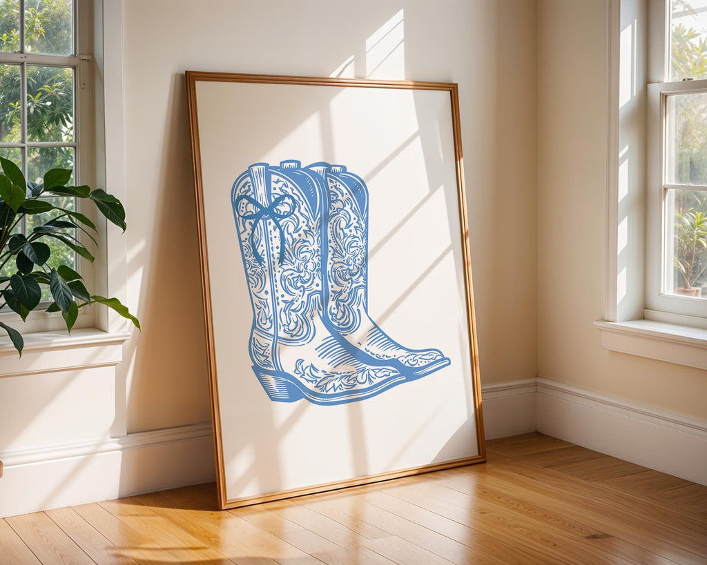 Blue Tooled Cowboy Boots Print | Elegant Western Wall Art wall art print, modern home decor, unframed artwork by Nomad & Nest