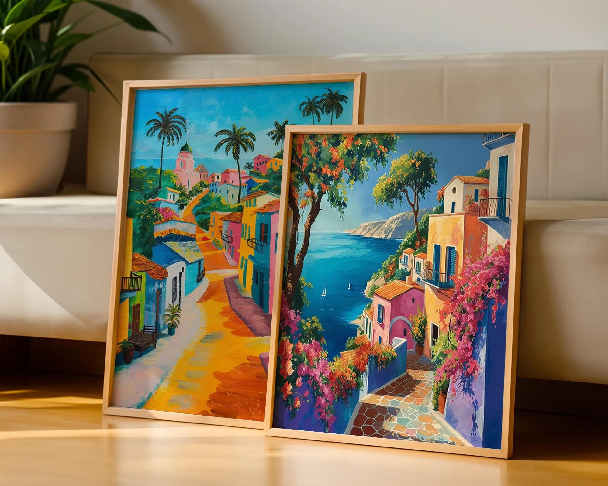 Colourful Prints | Mediterranean Seaside Village Prints Set | Coastal Travel Art wall art print, modern home decor, unframed artwork by Nomad & Nest