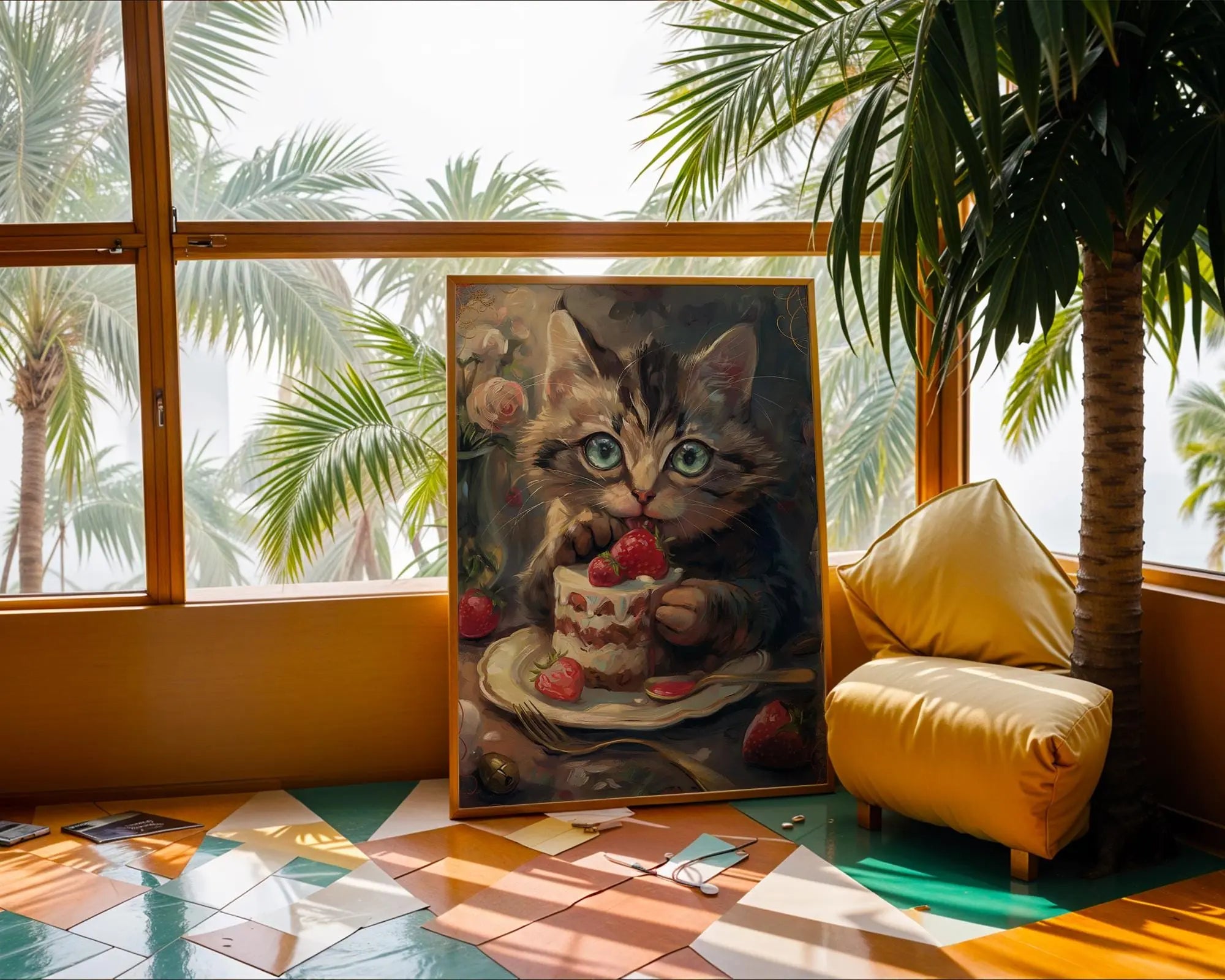 Tabby Kitten Eating Cake Art Print | Whimsical Oil Painting Style wall art print, modern home decor, unframed artwork by Nomad & Nest