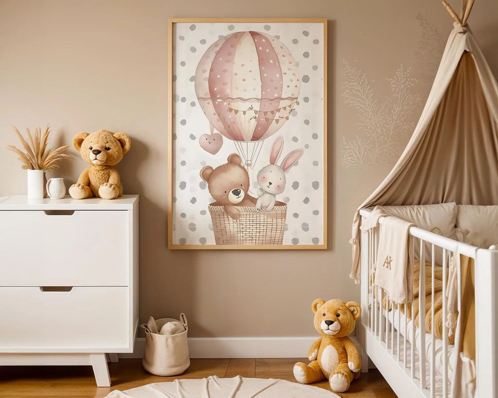 Playroom Ideas | Hot Air Balloon Nursery Art | Woodland Animal Baby Print wall art print, modern home decor, unframed artwork by Nomad & Nest