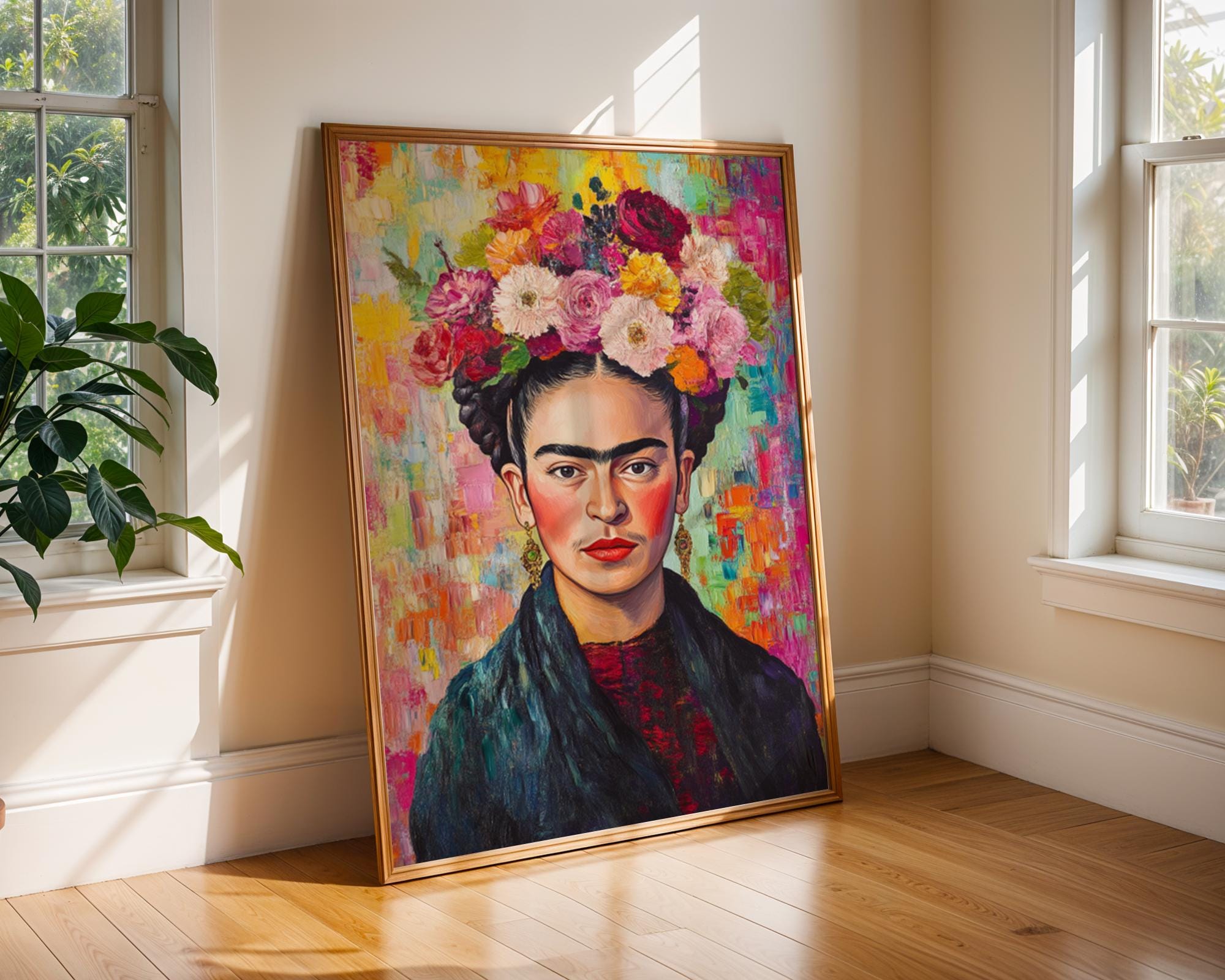 Frida Kahlo Portrait Print | Colourful Floral Crown, Impasto Texture wall art print, modern home decor, unframed artwork by Nomad & Nest