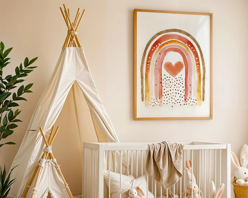 Playroom Ideas | Boho Rainbow Nursery Wall Art | Neutral Heart Baby Print wall art print, modern home decor, unframed artwork by Nomad & Nest
