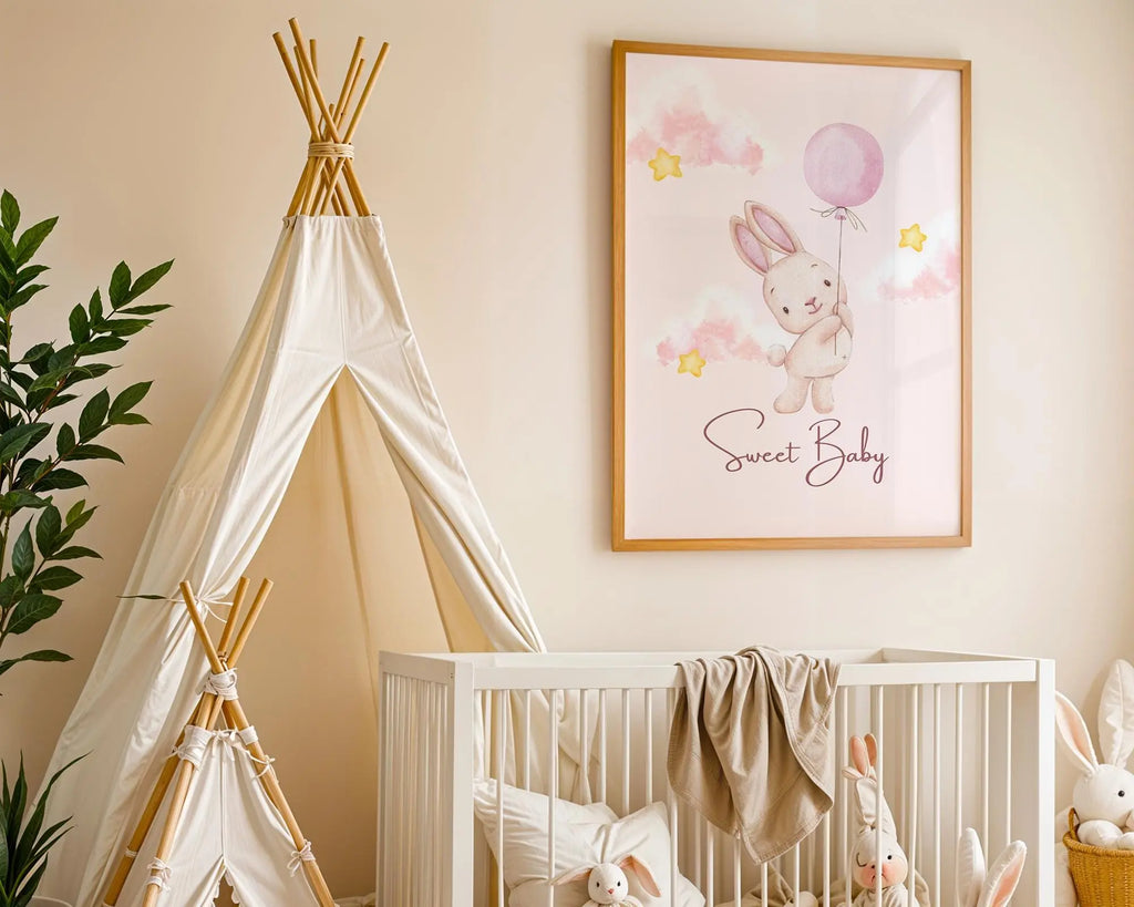 Playroom Ideas | Bunny Balloon Nursery Print | Dreamy Baby Wall Decor wall art print, modern home decor, unframed artwork by Nomad & Nest