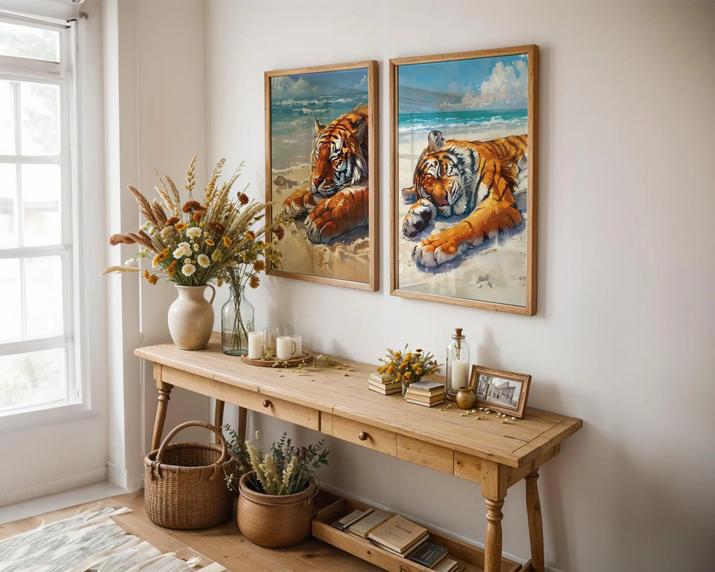 Colourful Prints | Beach Tiger Print Set | Coastal Animal Wall Art wall art print, modern home decor, unframed artwork by Nomad & Nest