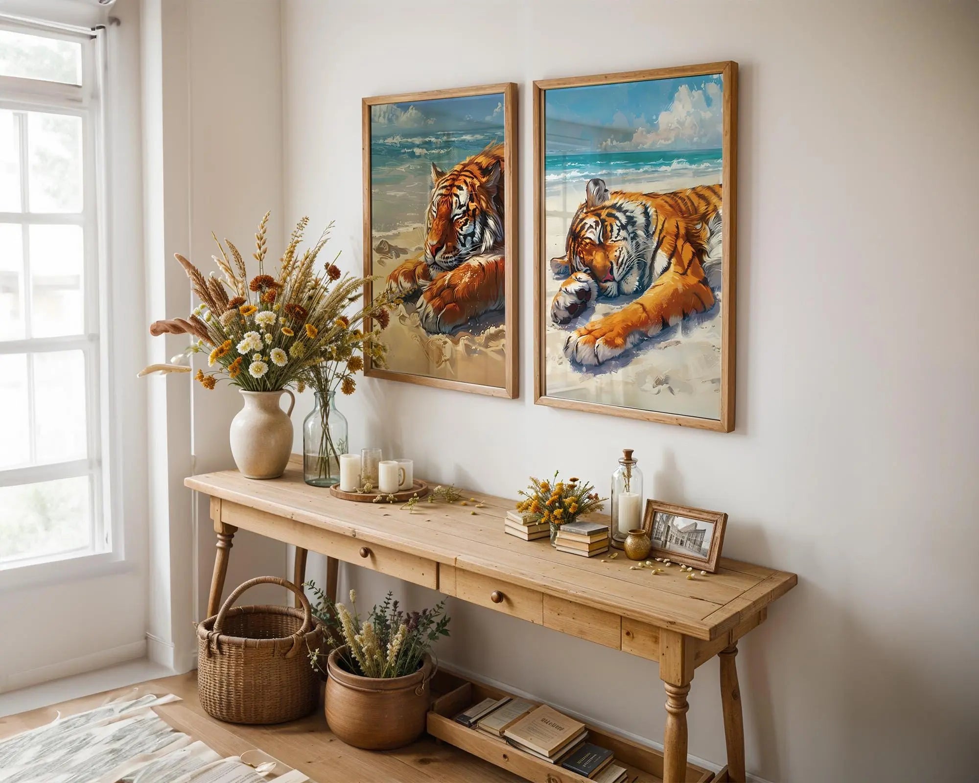 Colourful Prints | Beach Tiger Print Set | Coastal Animal Wall Art wall art print, modern home decor, unframed artwork by Nomad & Nest