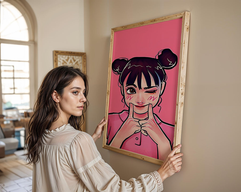 Modern Pop Art | Winking Girl  Poster | Kawaii Pink Cartoon Decor wall art print, modern home decor, unframed artwork by Nomad & Nest