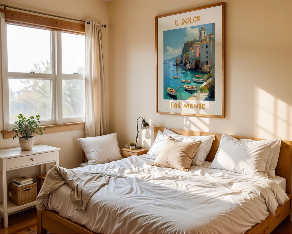 Colourful Prints | Il Dolce Far Niente Print | Italian Coastal Art, Boat Painting wall art print, modern home decor, unframed artwork by Nomad & Nest