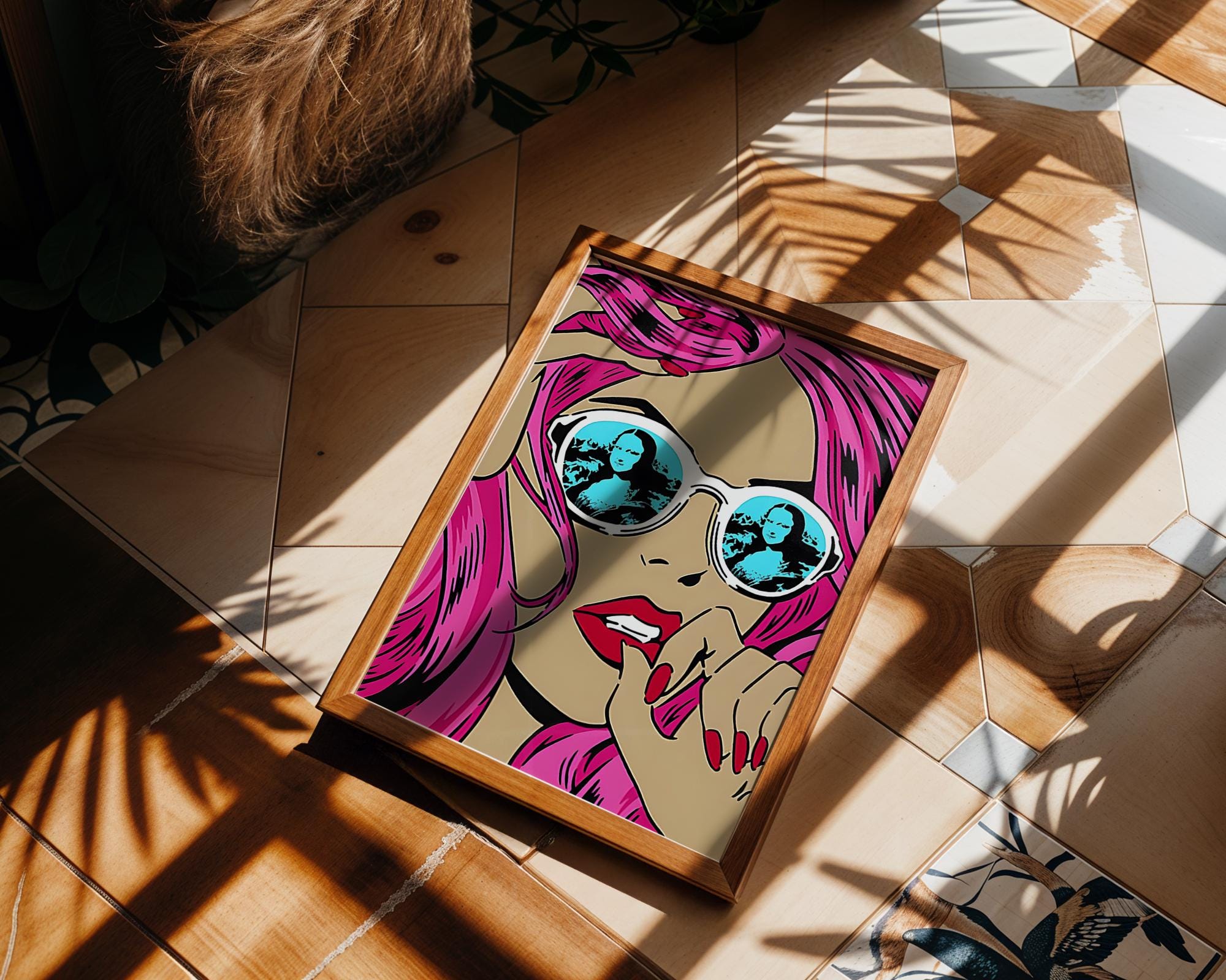 Modern Pop Art | Mona Lisa Sunglasses  Print | Pink Hair, Roy Lichtenstein Style wall art print, modern home decor, unframed artwork by Nomad & Nest