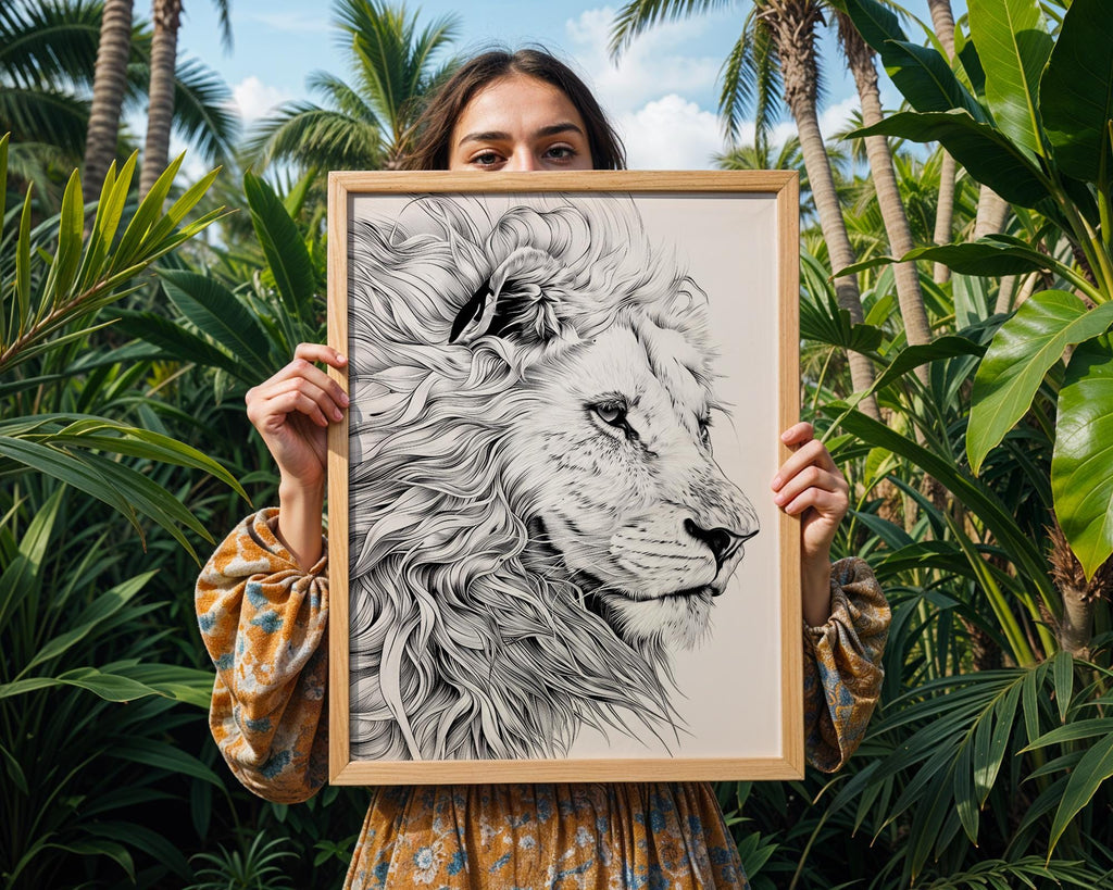 Lion Portrait Art Print | Black and White Safari Animal Illustration wall art print, modern home decor, unframed artwork by Nomad & Nest