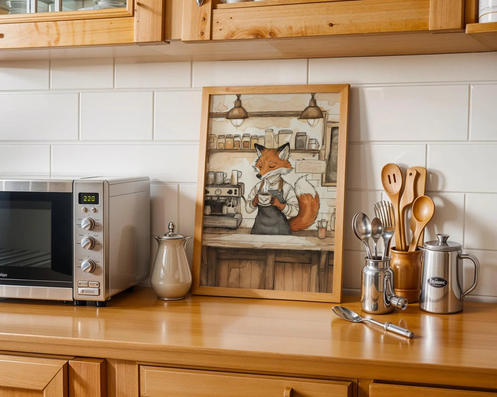 Fox Barista Kitchen Print | Whimsical Animal Wall Art wall art print, modern home decor, unframed artwork by Nomad & Nest