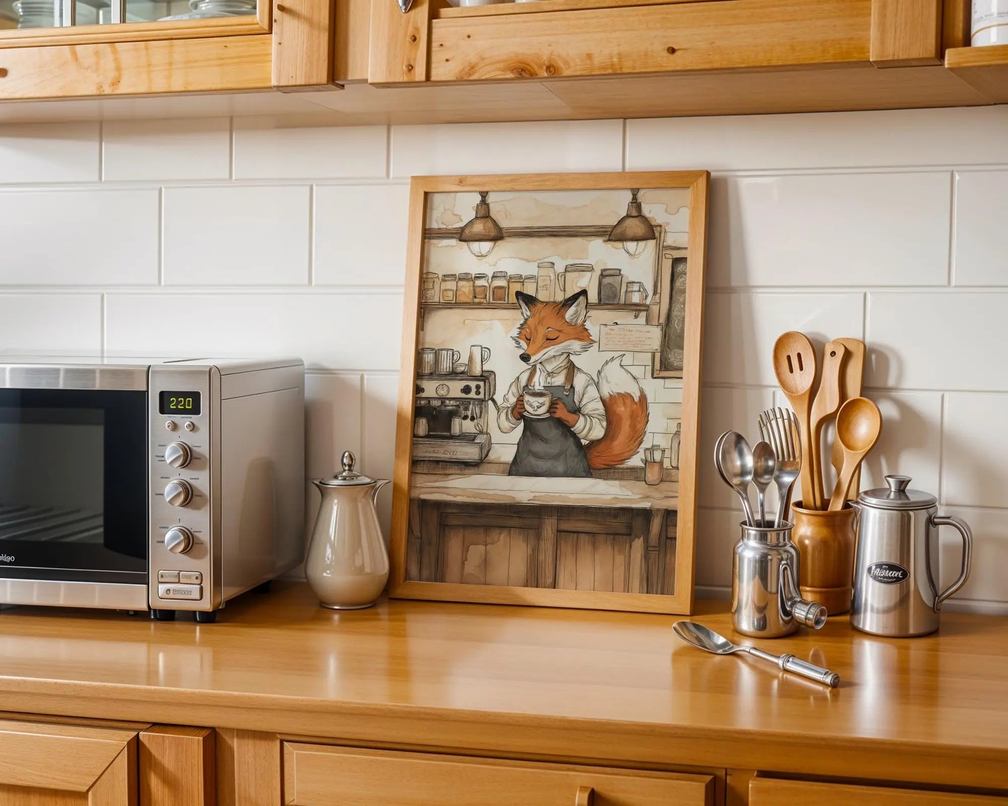Fox Barista Kitchen Print | Whimsical Animal Wall Art wall art print, modern home decor, unframed artwork by Nomad & Nest