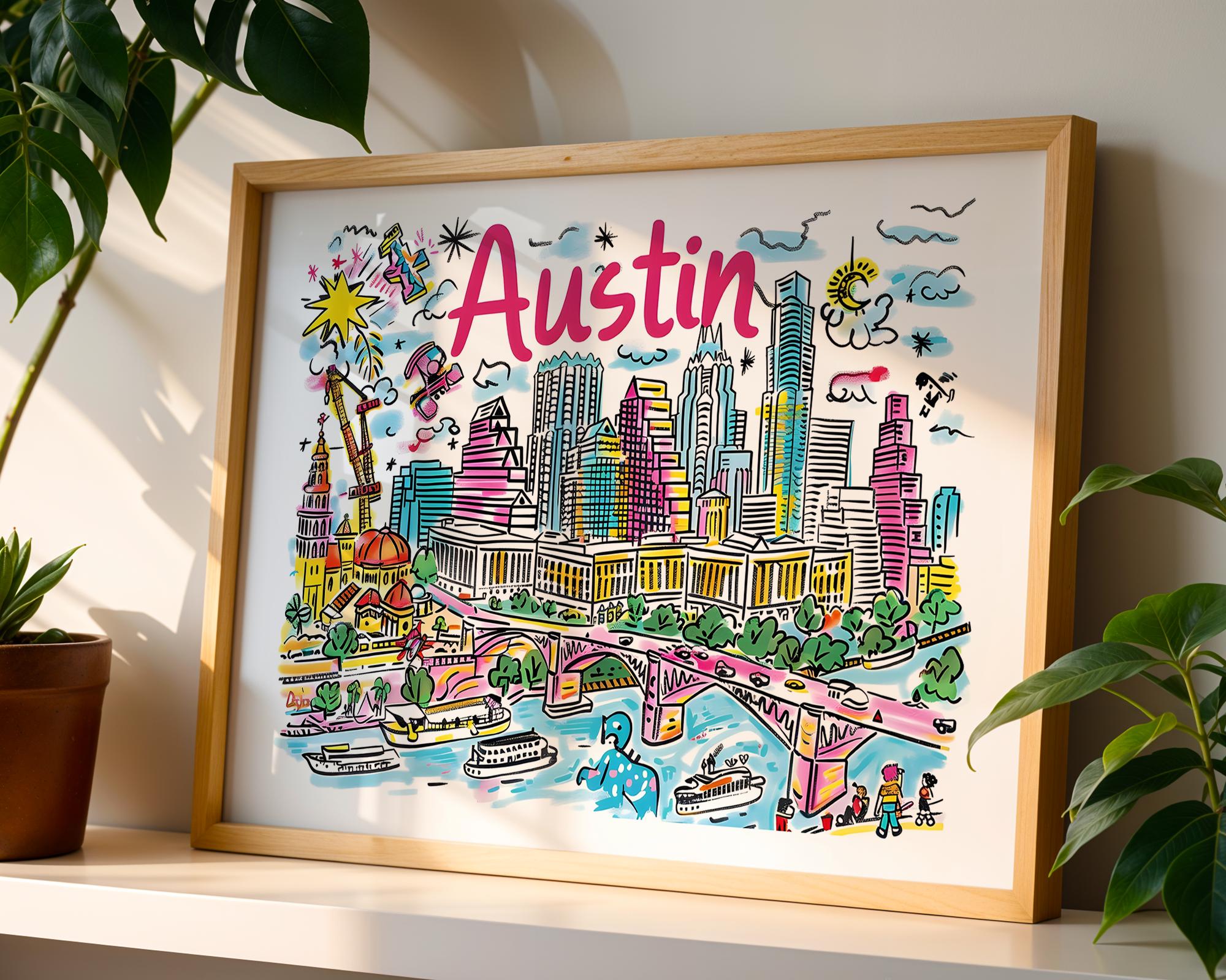 Austin Texas Cityscape Art Print | Colorful Travel Poster wall art print, modern home decor, unframed artwork by Nomad & Nest