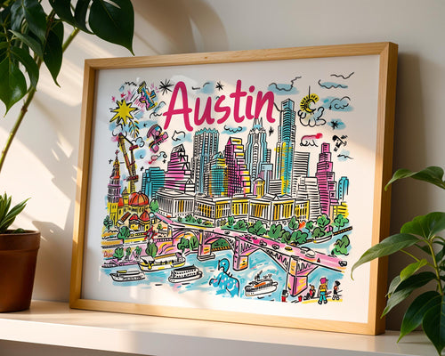 Austin Texas Cityscape Art Print | Colorful Travel Poster wall art print, modern home decor, unframed artwork by Nomad & Nest