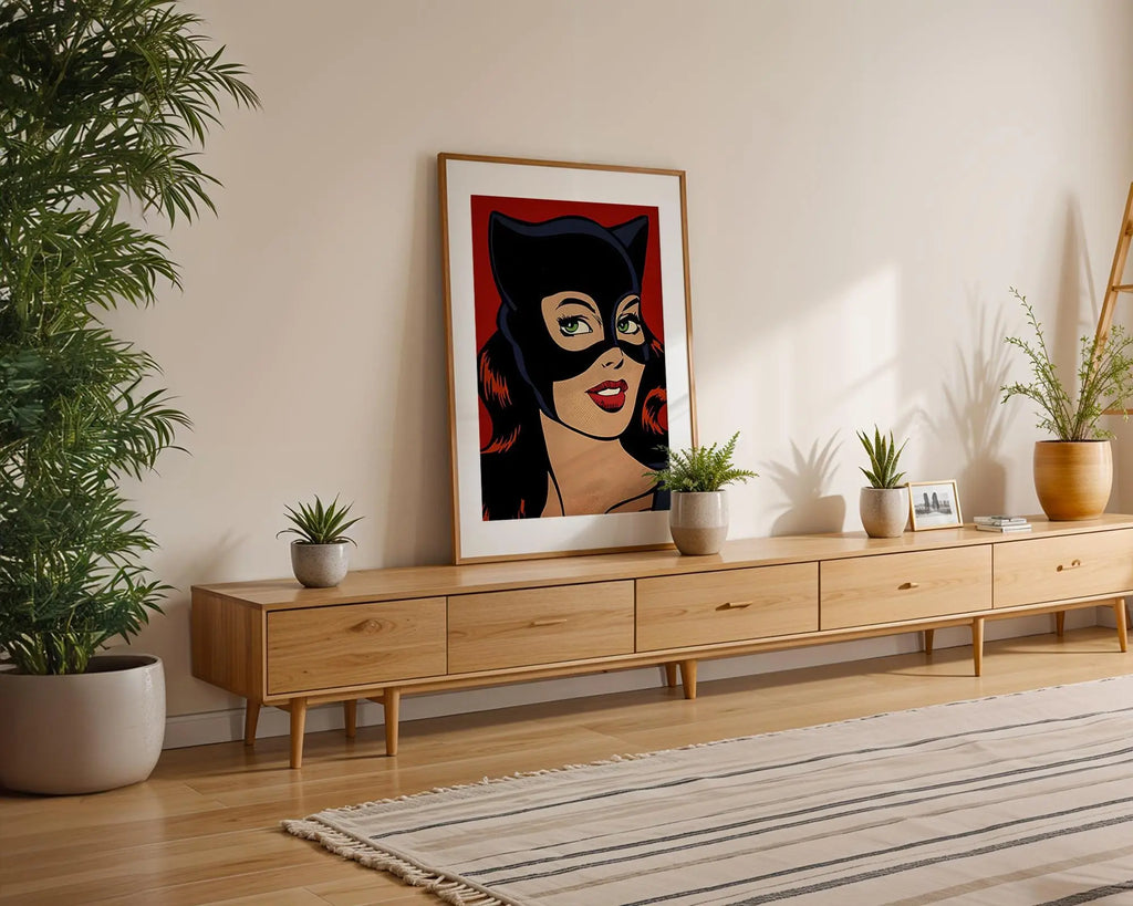 Modern Pop Art | Retro Catwoman  Print | Red & Black Comic Book Poster wall art print, modern home decor, unframed artwork by Nomad & Nest