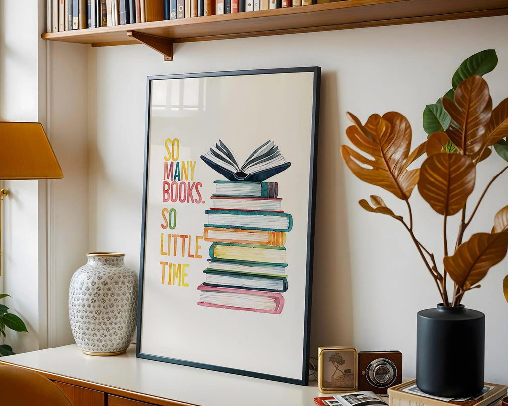 Positive Emotion | Many Books So Little Time Wall Art | Reading Illustration Print wall art print, modern home decor, unframed artwork by Nomad & Nest