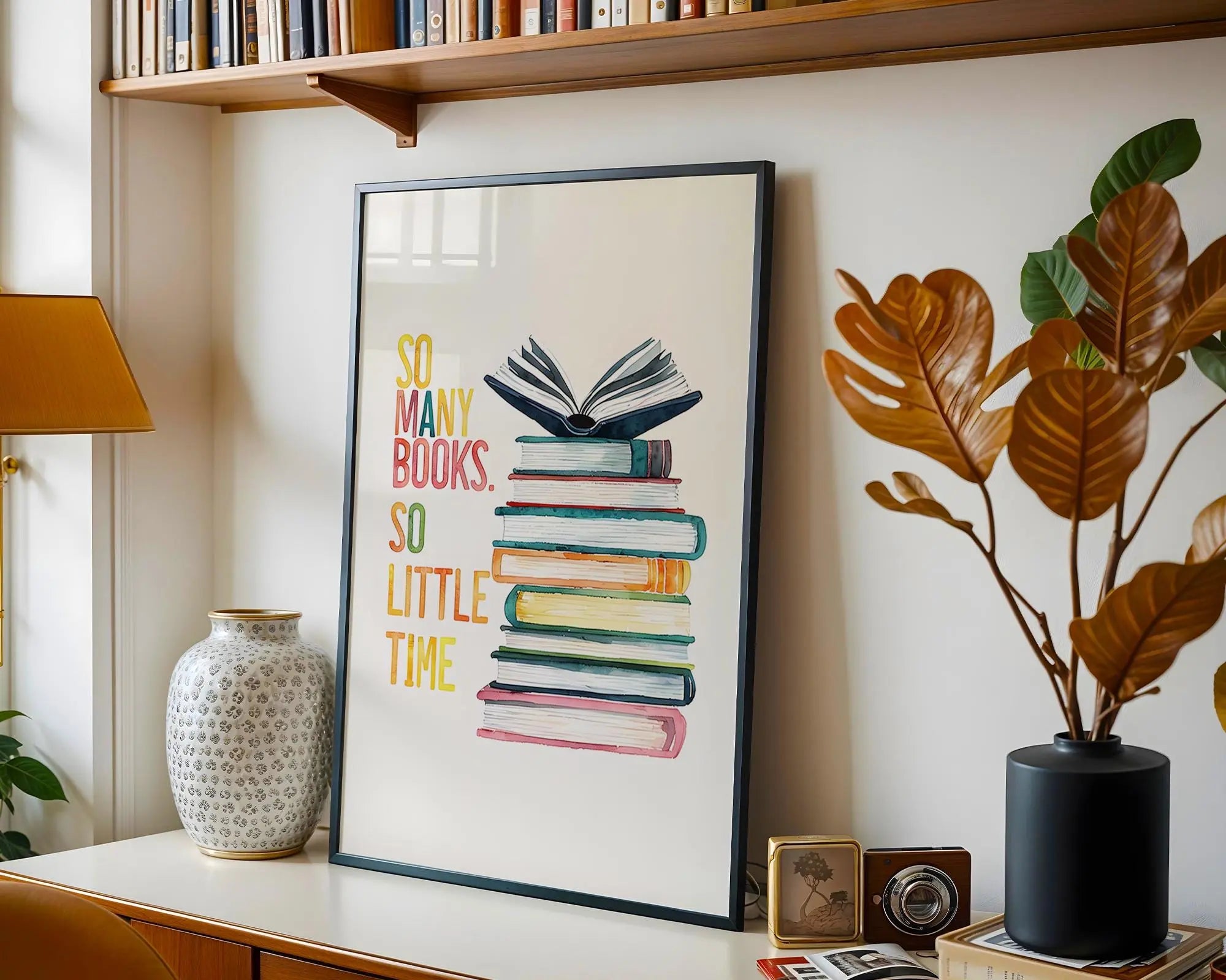 Positive Emotion | Many Books So Little Time Wall Art | Reading Illustration Print wall art print, modern home decor, unframed artwork by Nomad & Nest