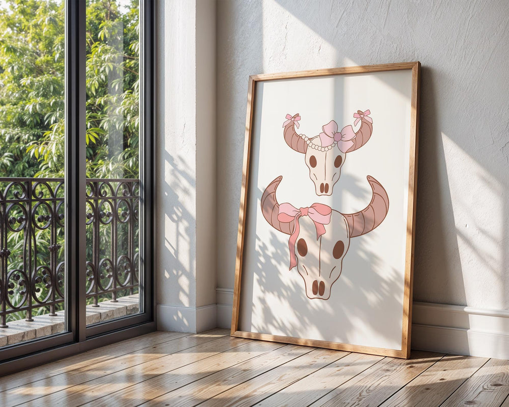 Girly Bull Skull Pair Print | Pink Bow Western Wall Art wall art print, modern home decor, unframed artwork by Nomad & Nest
