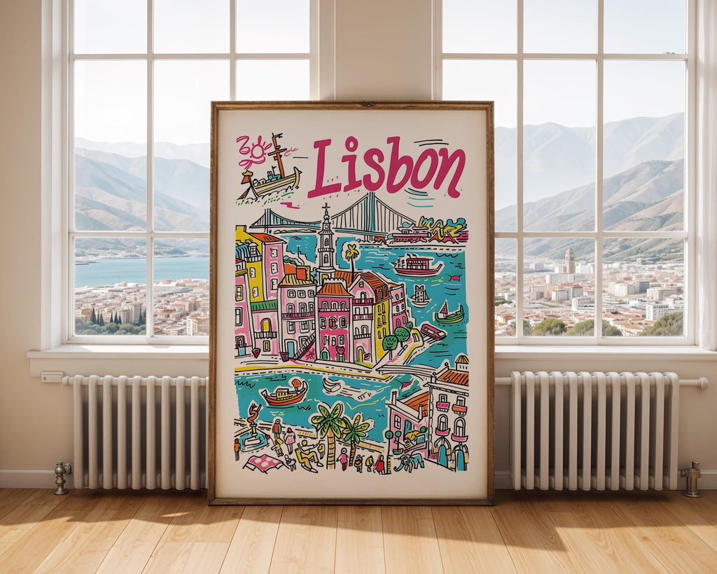 Colorful Lisbon Portugal Travel Poster | Cityscape Wall Art Print wall art print, modern home decor, unframed artwork by Nomad & Nest