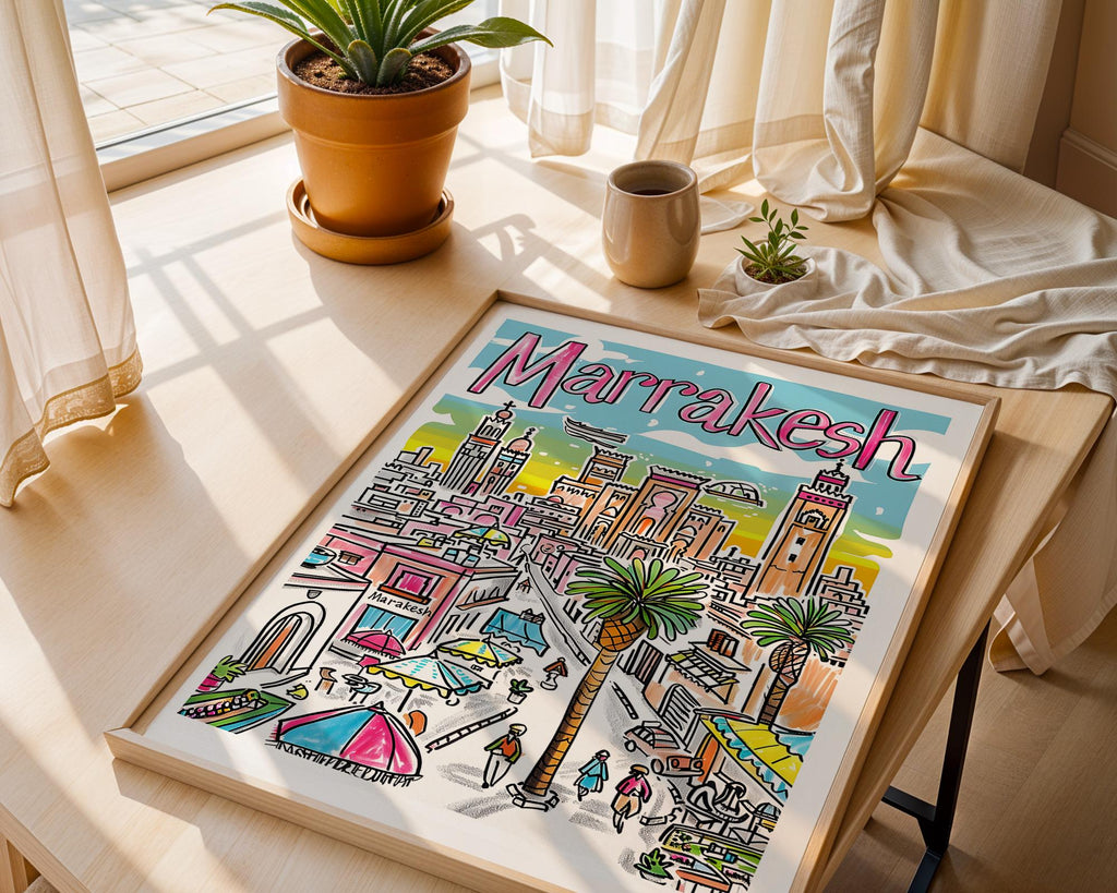 Marrakesh Travel Poster | Colorful Morocco Cityscape Wall Art wall art print, modern home decor, unframed artwork by Nomad & Nest