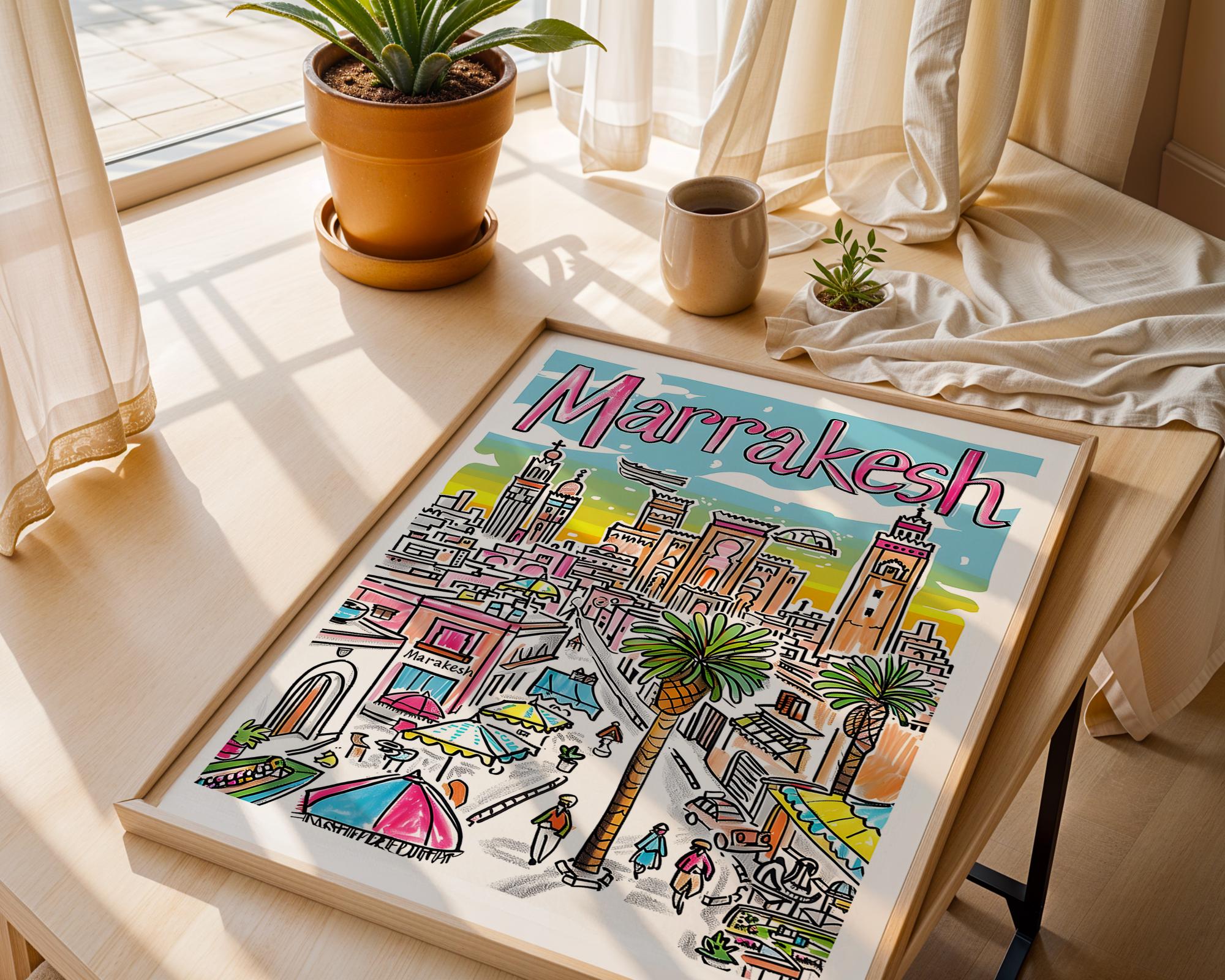Marrakesh Travel Poster | Colorful Morocco Cityscape Wall Art wall art print, modern home decor, unframed artwork by Nomad & Nest