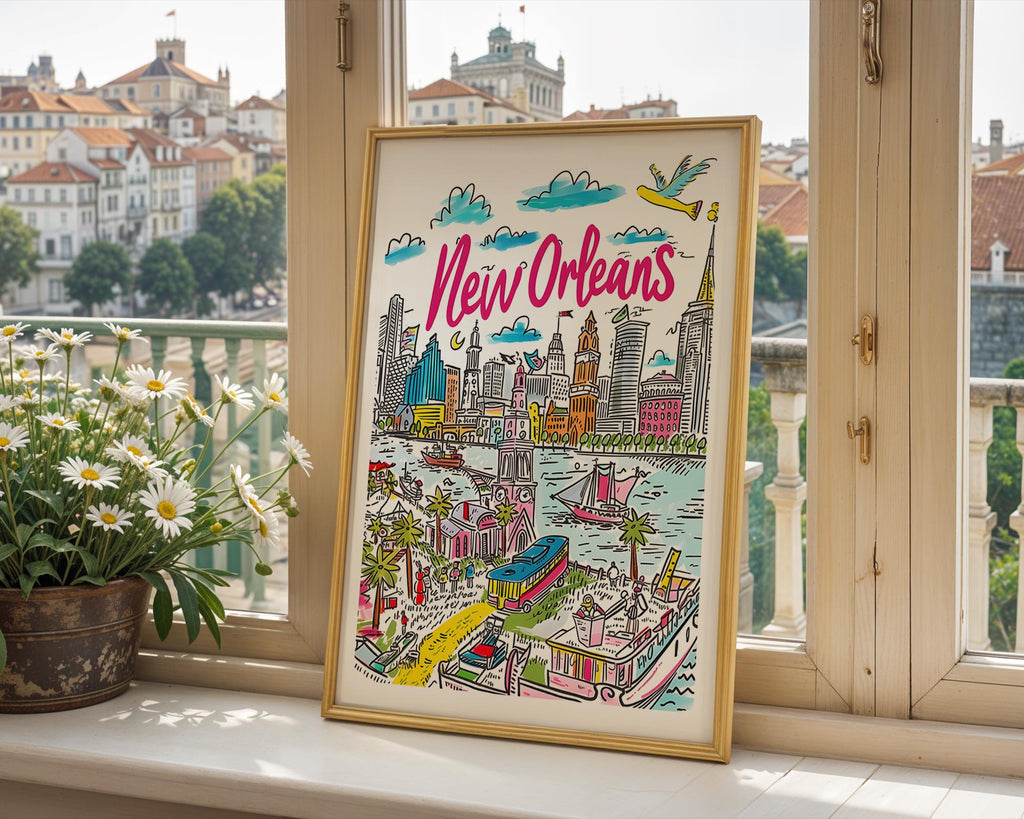 New Orleans Cityscape Art Print | Colorful Travel Poster wall art print, modern home decor, unframed artwork by Nomad & Nest