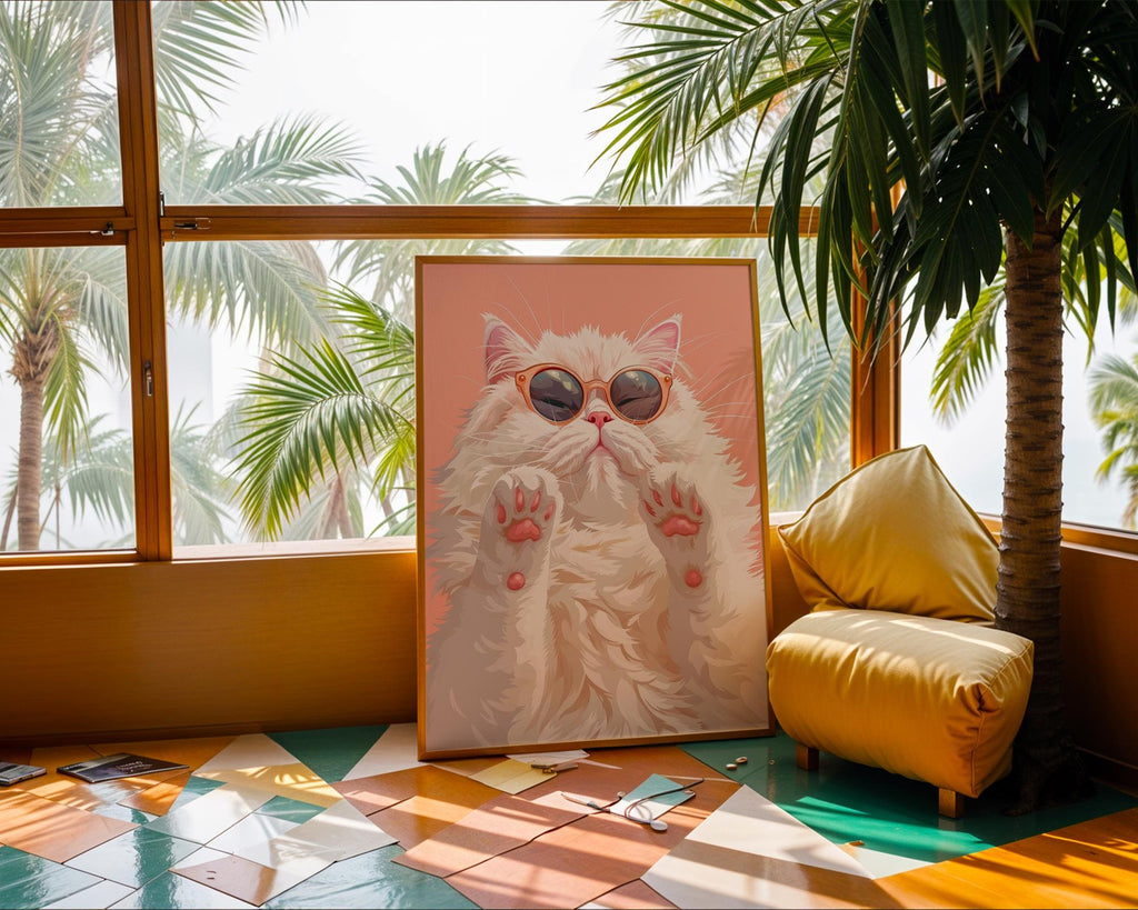 Colourful Prints | Cat Summer Wall Art | Funny Animal Teen Decor wall art print, modern home decor, unframed artwork by Nomad & Nest