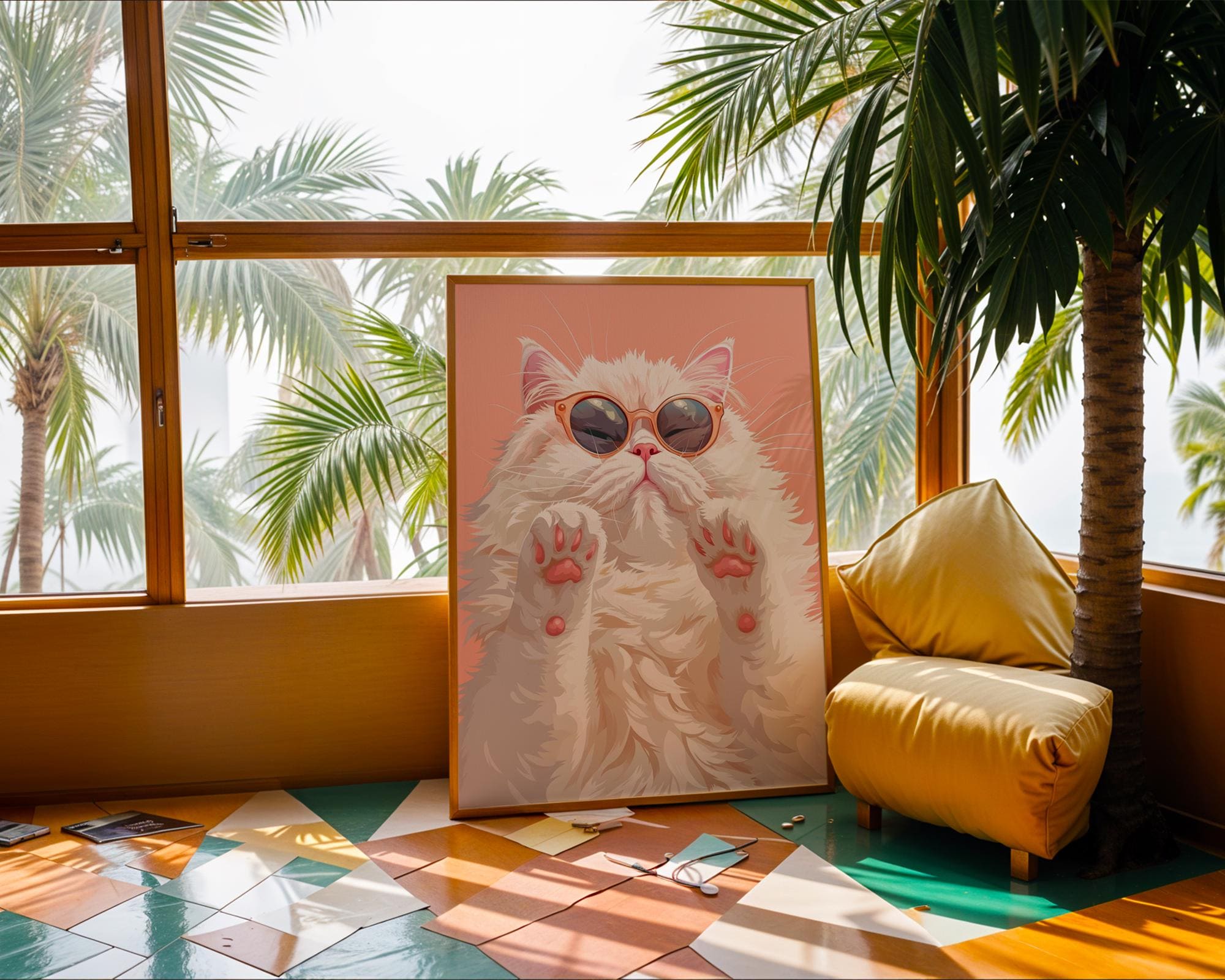 Colourful Prints | Cat Summer Wall Art | Funny Animal Teen Decor wall art print, modern home decor, unframed artwork by Nomad & Nest
