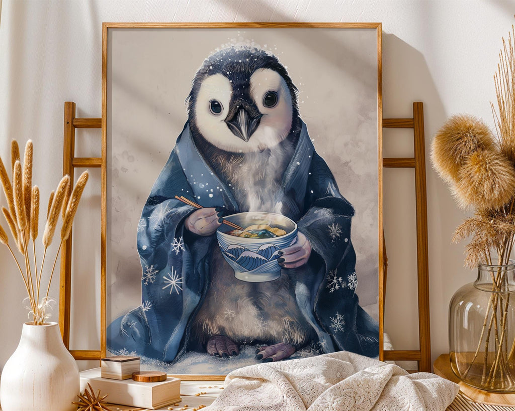 Penguin Ramen Art Print | Kimono Animal Wall Decor wall art print, modern home decor, unframed artwork by Nomad & Nest