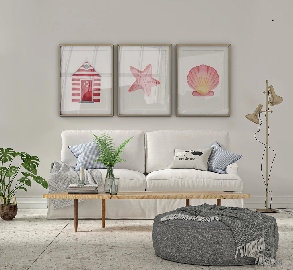 Colourful Prints | Coastal Wall Art Set | Pink Shell, Starfish, Beach Hut Prints wall art print, modern home decor, unframed artwork by Nomad & Nest
