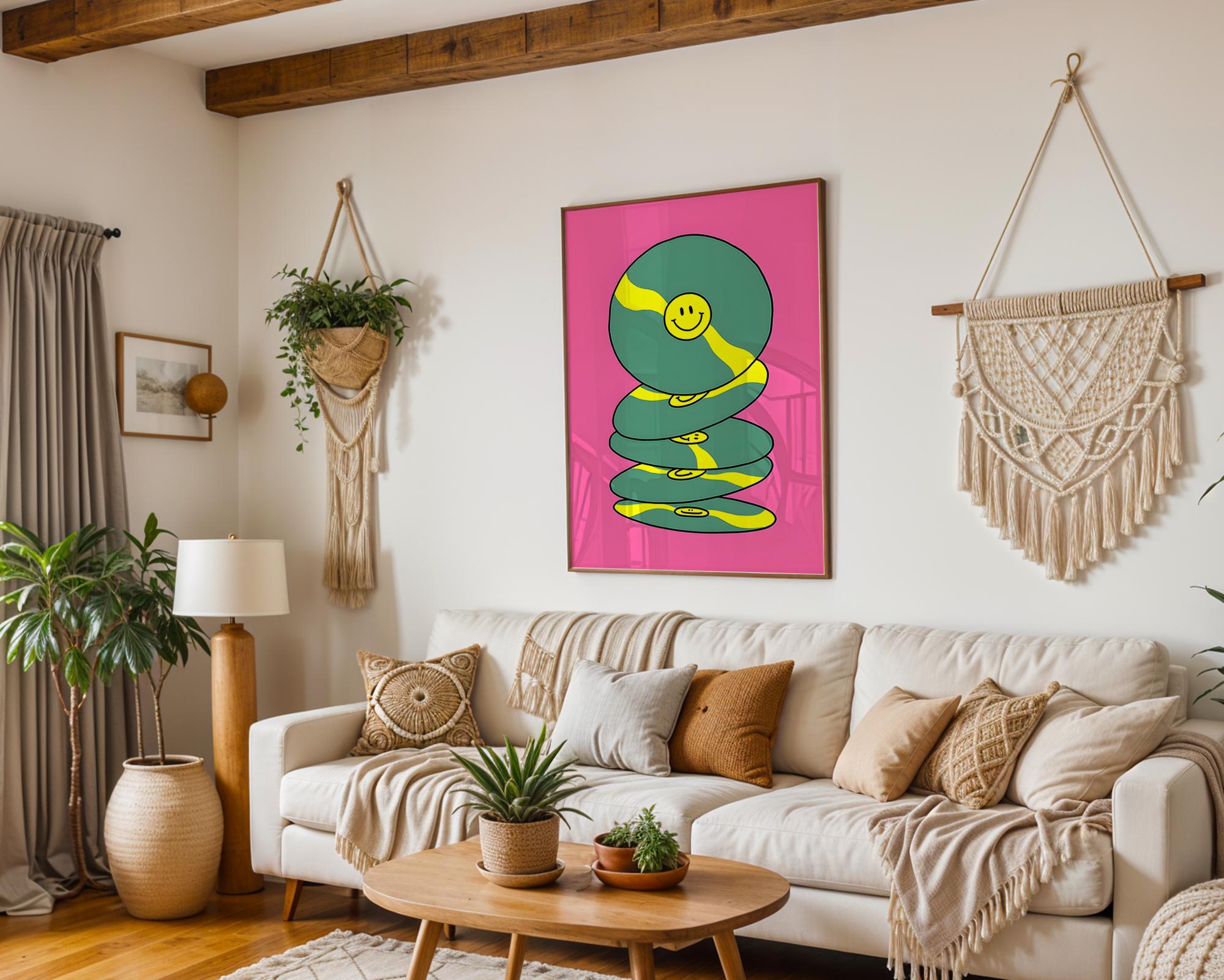 Modern Pop Art | Smiley Face Vinyl Record  Print | Retro Pink & Yellow Decor wall art print, modern home decor, unframed artwork by Nomad & Nest