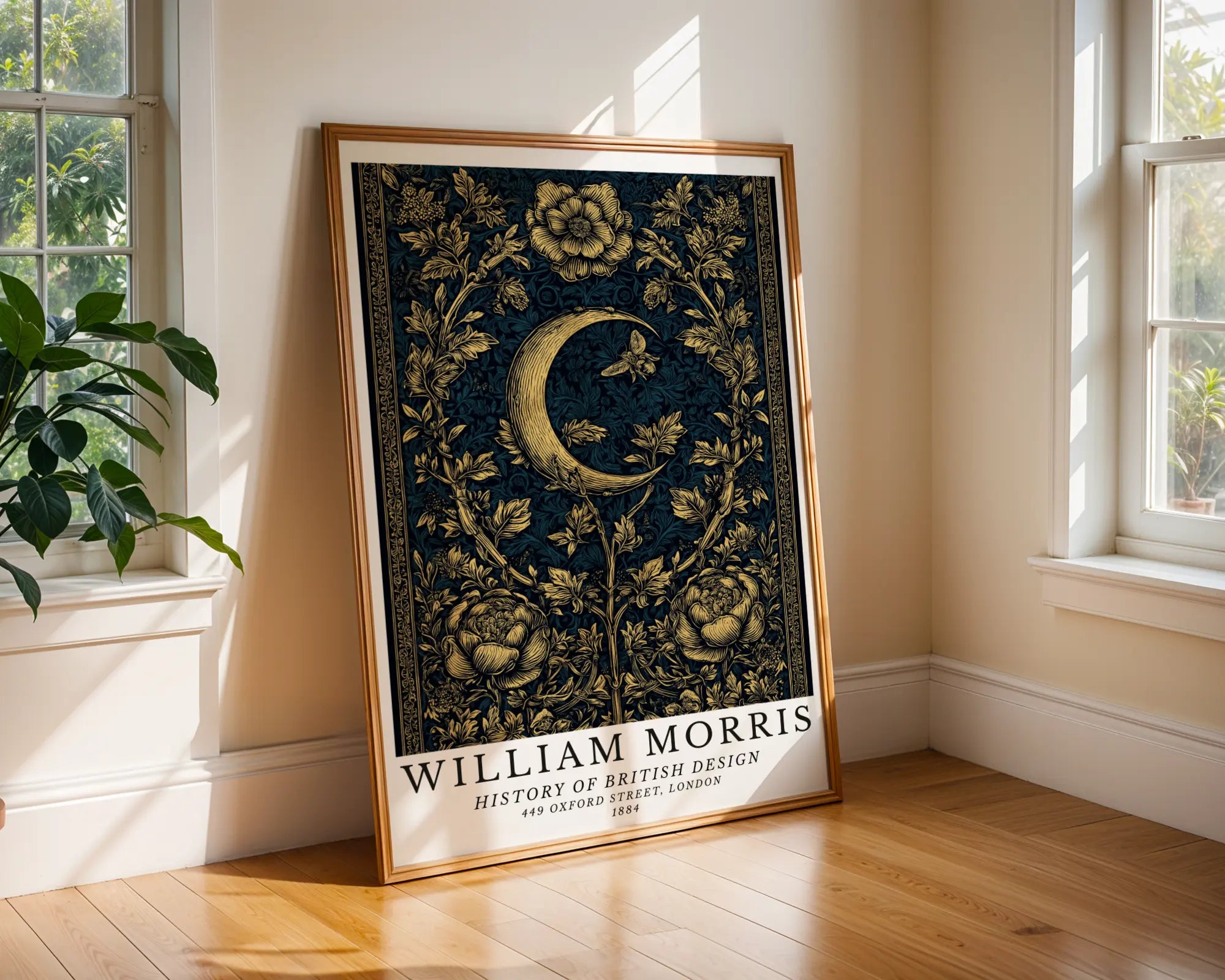 William Morris | Golden Crescent Moon Art | Botanical Dark Floral Poster wall art print, modern home decor, unframed artwork by Nomad & Nest