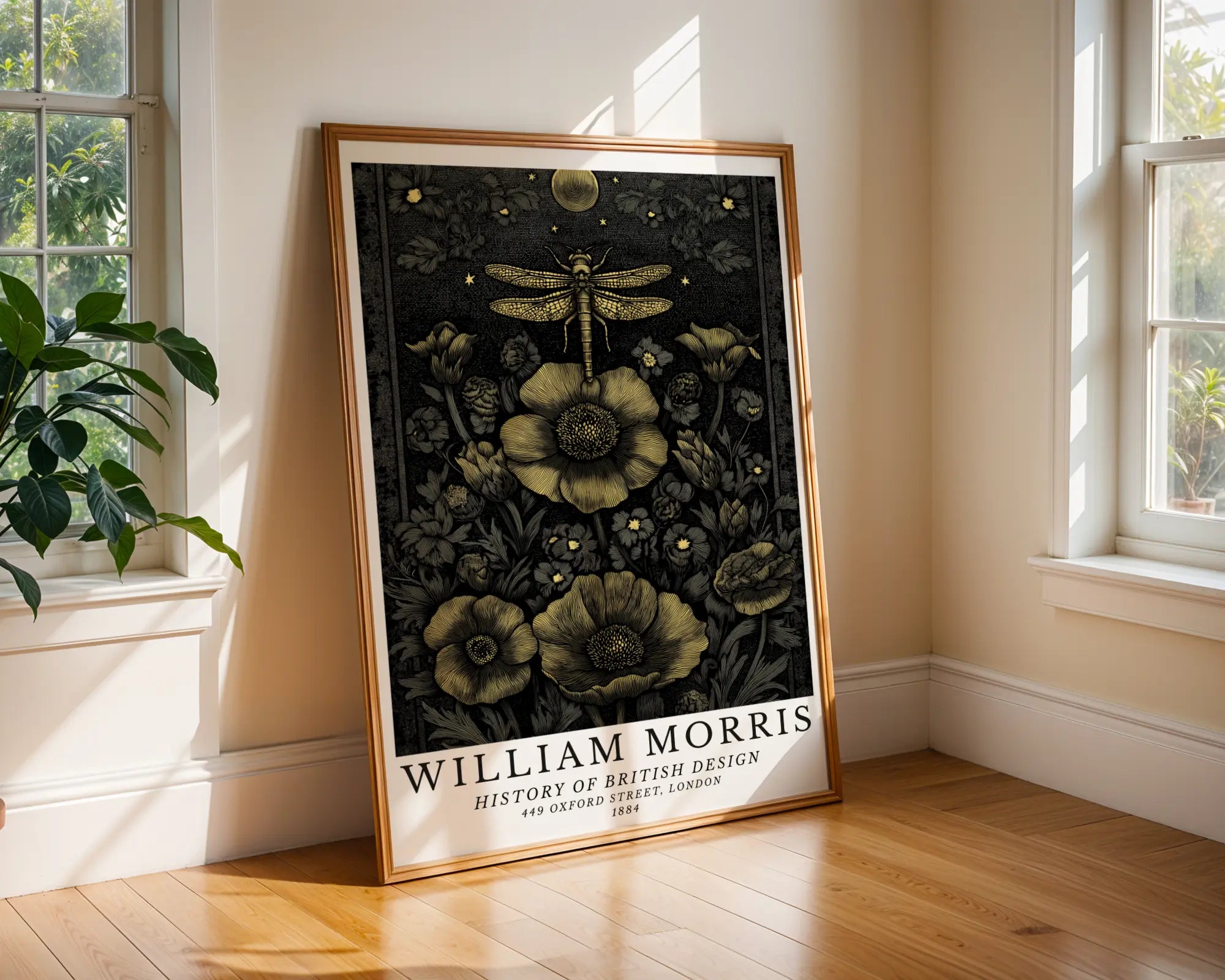 William Morris | Golden Dragonfly & Moon Vintage Decor wall art print, modern home decor, unframed artwork by Nomad & Nest