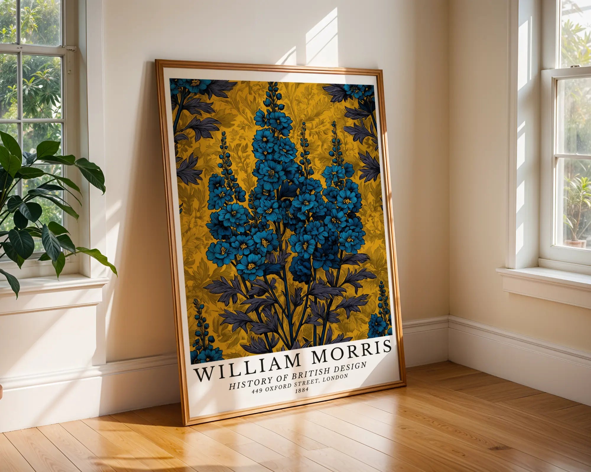 William Morris Print | Golden Botanical Wall Art Style Blue Delphinium Poster wall art print, modern home decor, unframed artwork by Nomad & Nest