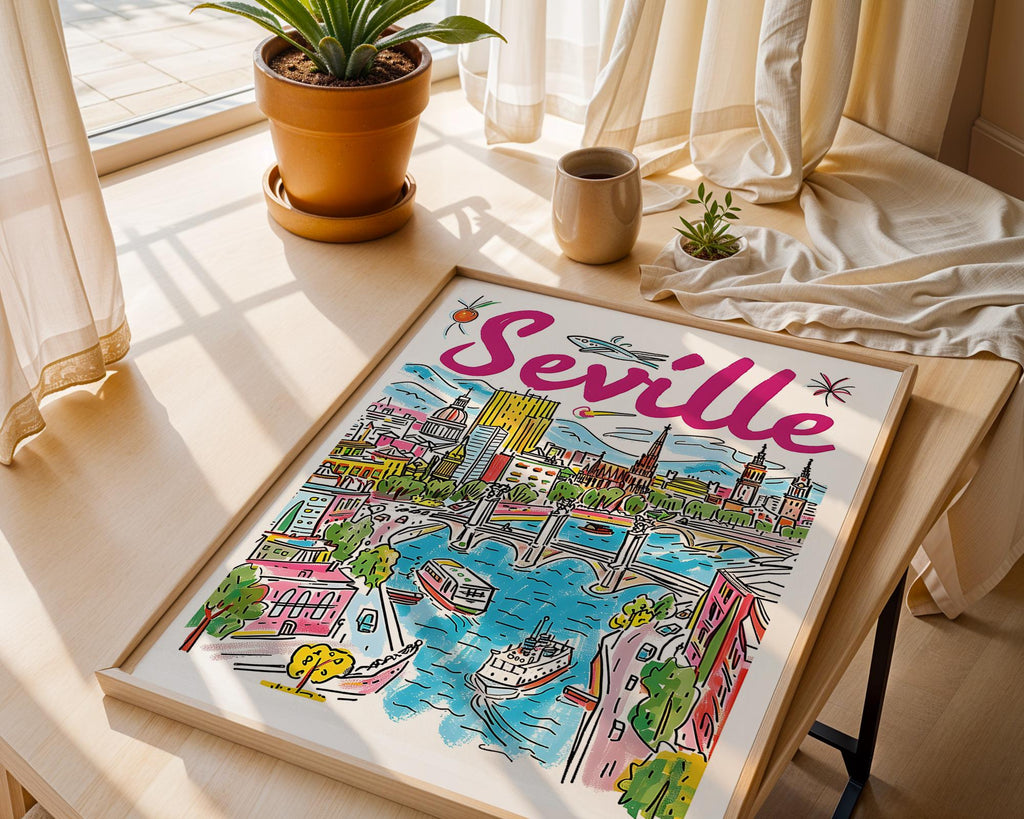 Seville Cityscape Poster | Colorful Spanish Travel Print wall art print, modern home decor, unframed artwork by Nomad & Nest