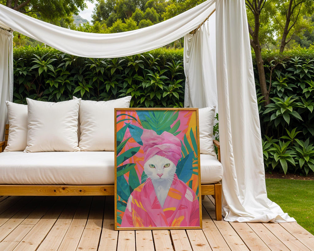 Colourful Prints | Funny Cat Print | Tropical Bathroom Art, Spa Day Poster wall art print, modern home decor, unframed artwork by Nomad & Nest