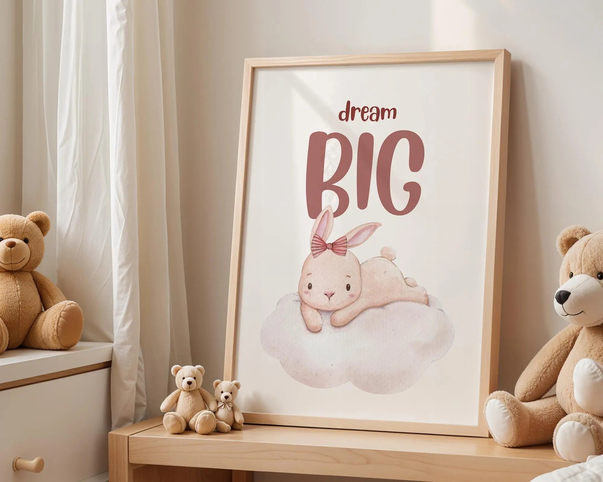Playroom Ideas | Dream Big Bunny Nursery Wall Art | Soft Boho Cloud Print wall art print, modern home decor, unframed artwork by Nomad & Nest