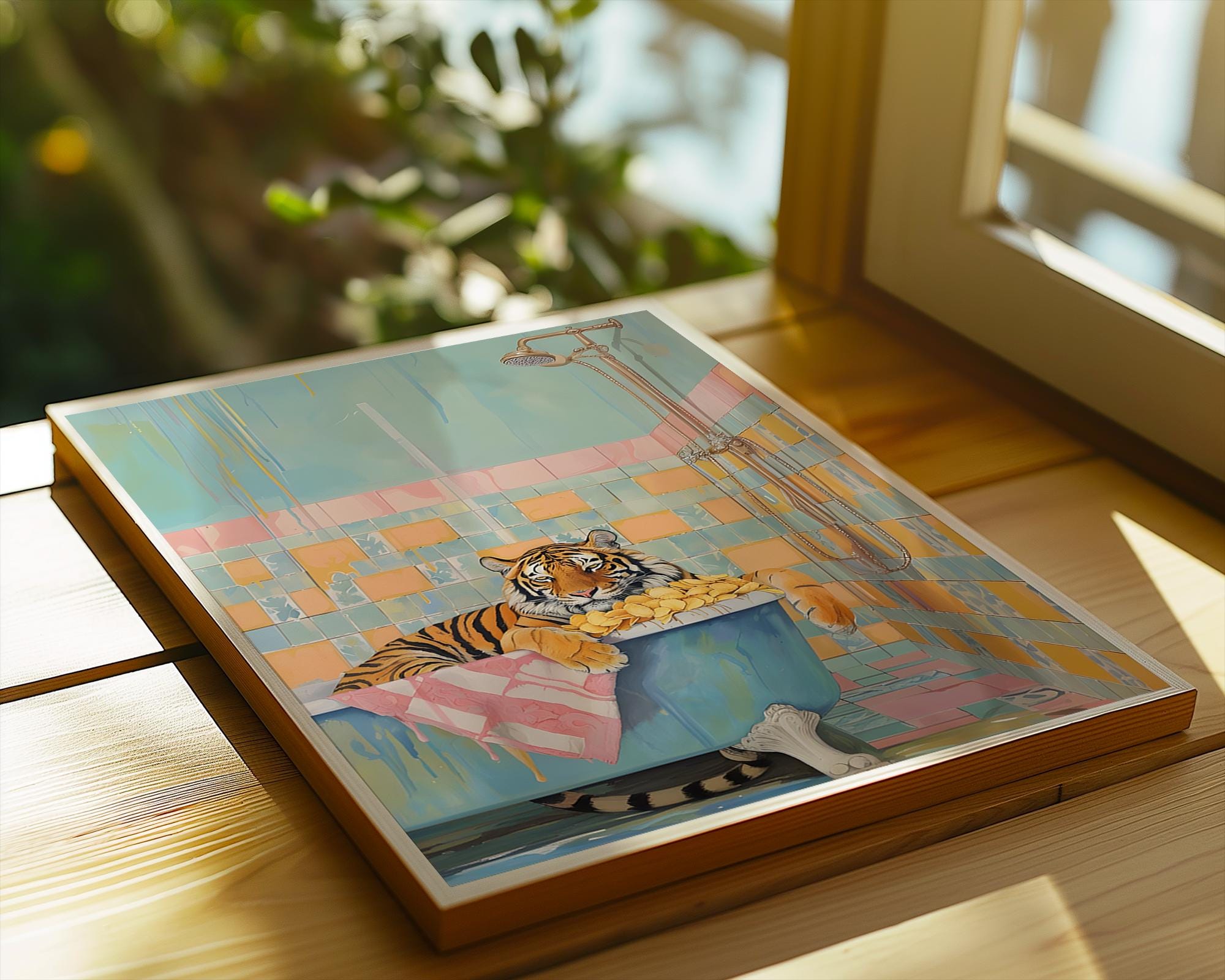 Colourful Prints | Funny Tiger in Bathtub Art Print | Playful Bathroom Decor wall art print, modern home decor, unframed artwork by Nomad & Nest