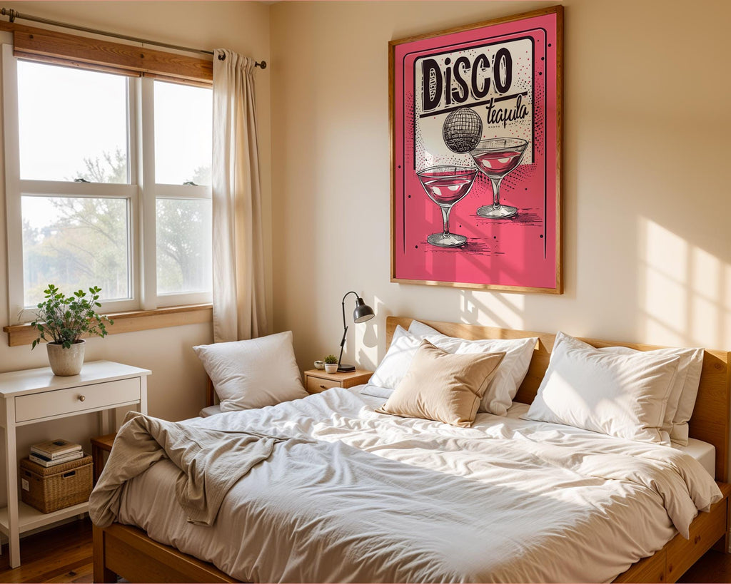 Colourful Prints | Disco Tequila Cocktail Print | Retro Pink Bar Decor wall art print, modern home decor, unframed artwork by Nomad & Nest